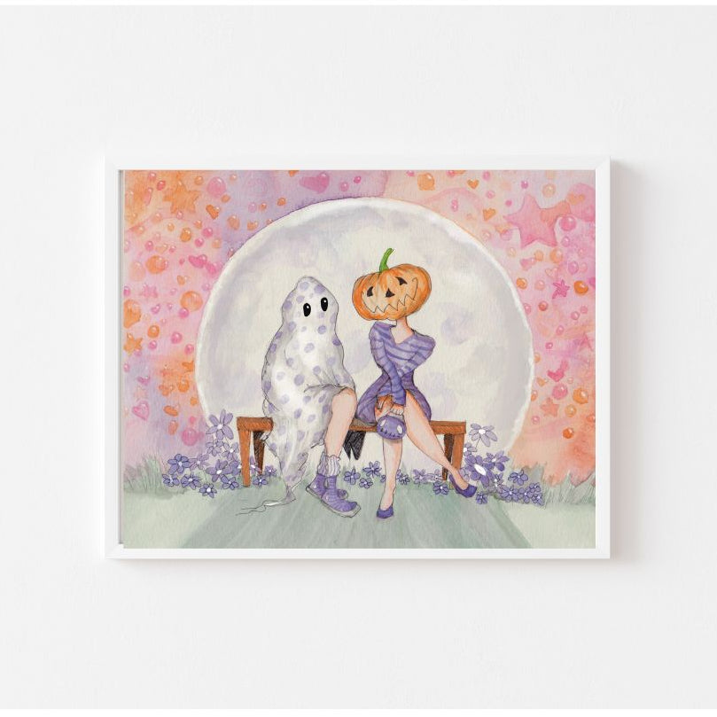Moonlight Meet Cute Spooky Art Decor, Halloween Decor Witchy Friends