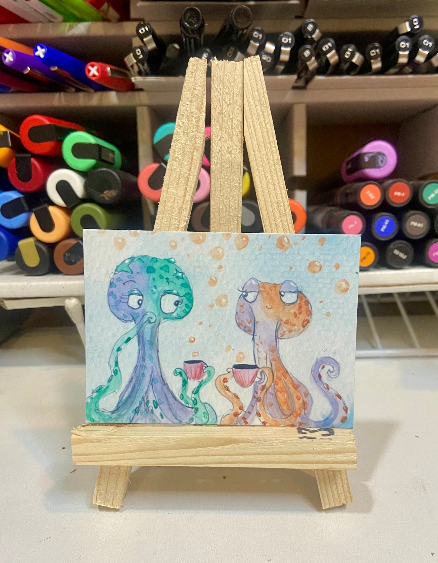 ACEO Limited Edition Print Watercolor Gossip Octopus 2.5 x 3.5