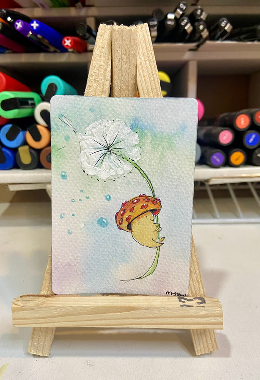 ACEO Limited Edition Print Watercolor Mushroom Dude Flying Dandelion 2.5 x 3.5