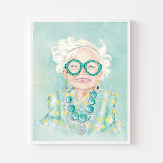 Framed artwork of a woman with white hair and green glasses on a light blue background