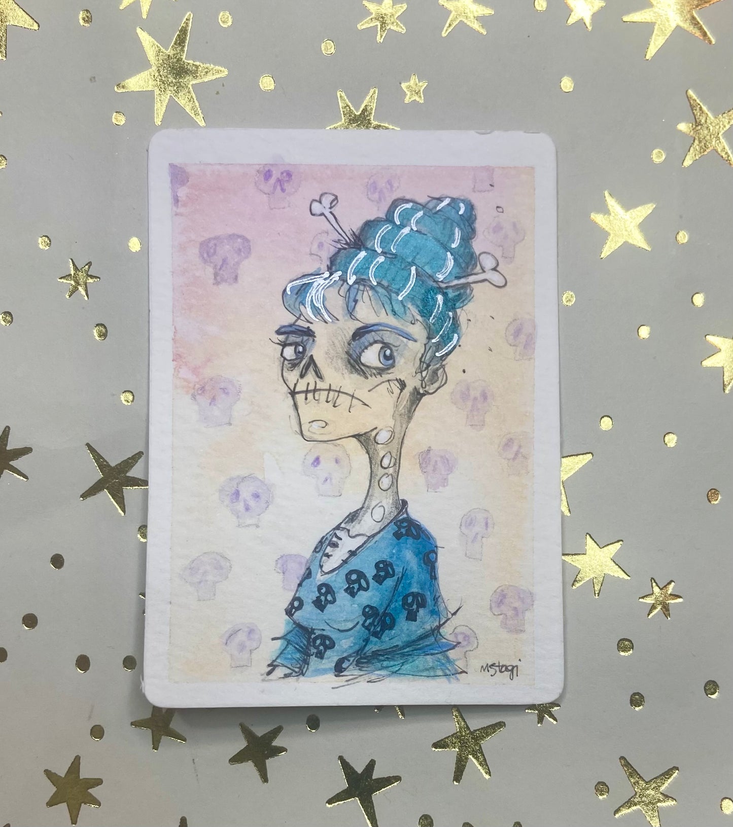 SOLD- Artist Trading Card, Original Painting Creakybones Carla Menopause Mayhem Collection, ACEO