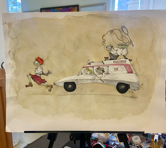 Spooky Special Sale - Zombie Ambulance, Original Watercolor Halloween Art