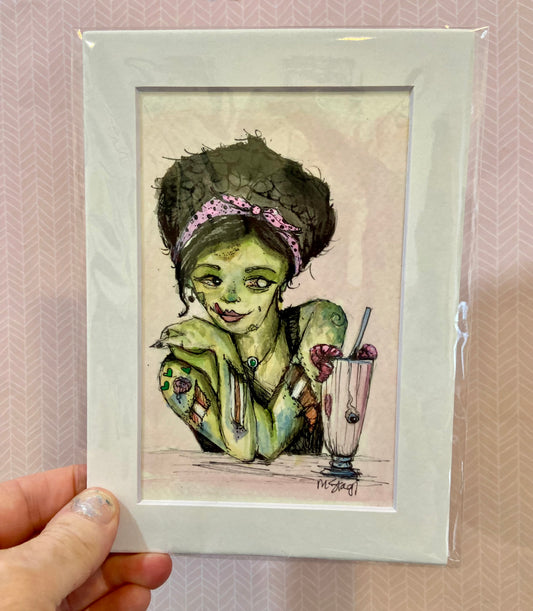 Spooky Special Sale - Zombie Milkshake Original Watercolor Halloween Art