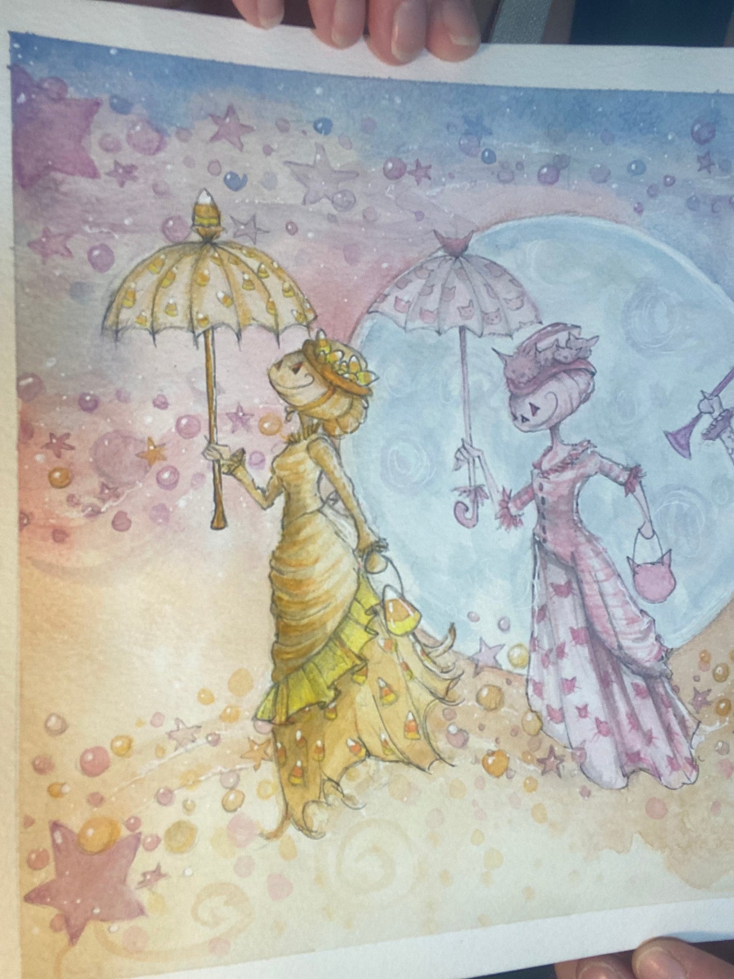 ORIGINAL Umbrella Pumpkin Flyers Watercolor Painting Spooky Witchy Art, Vintage Style, Pastel Art