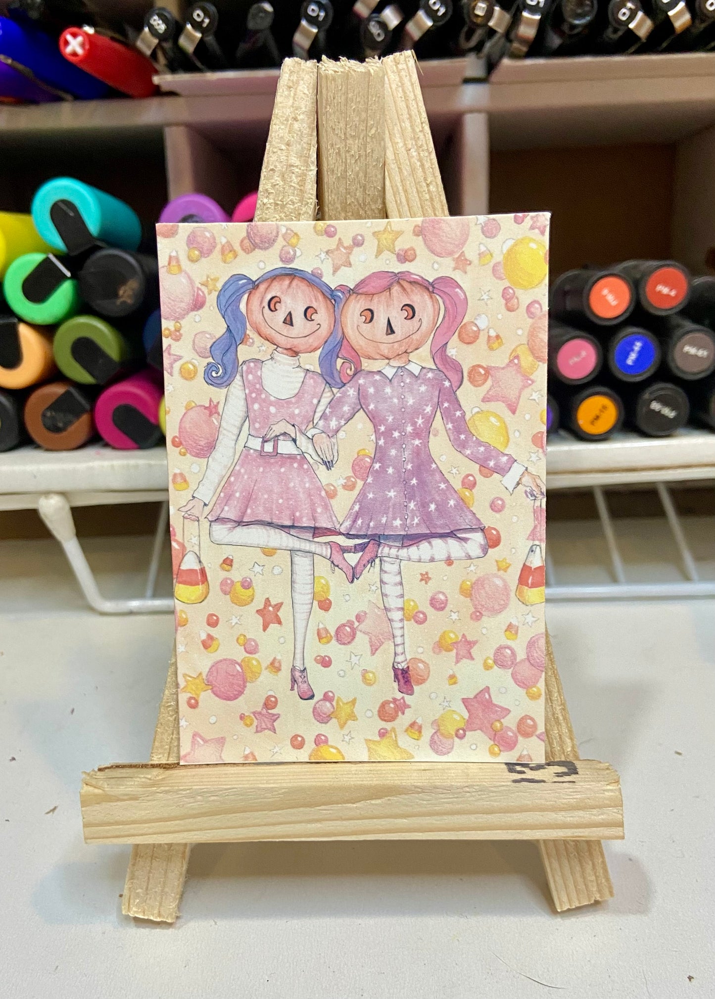 ACEO Limited Edition Print Watercolor Halloween Sisters 2.5 x 3.5