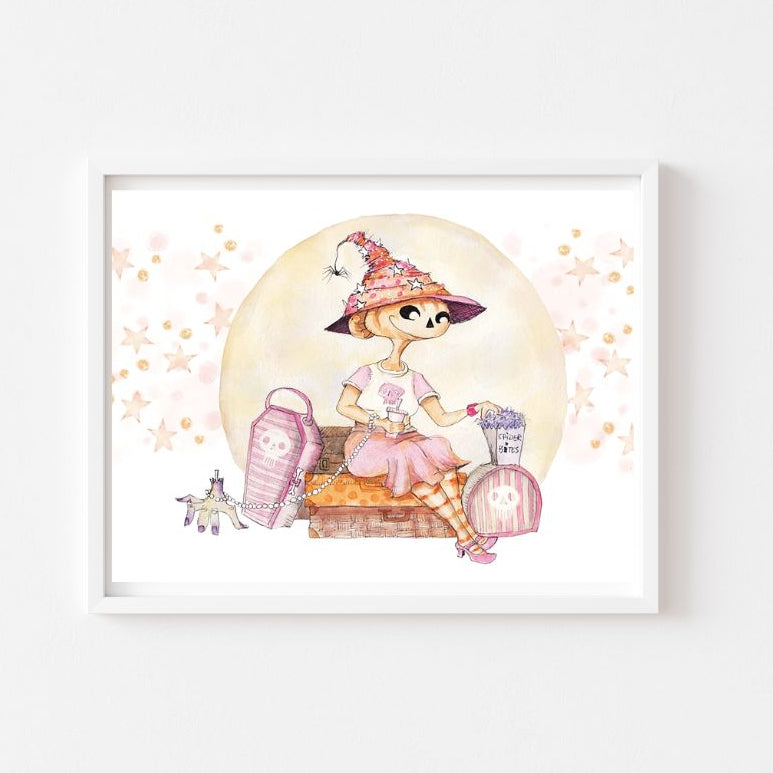 Hattie's Haunted Holiday Print, Spooky Art Decor, Witch Beach, Halloween Decor Witchy Friends, Summerween, pumpkin art