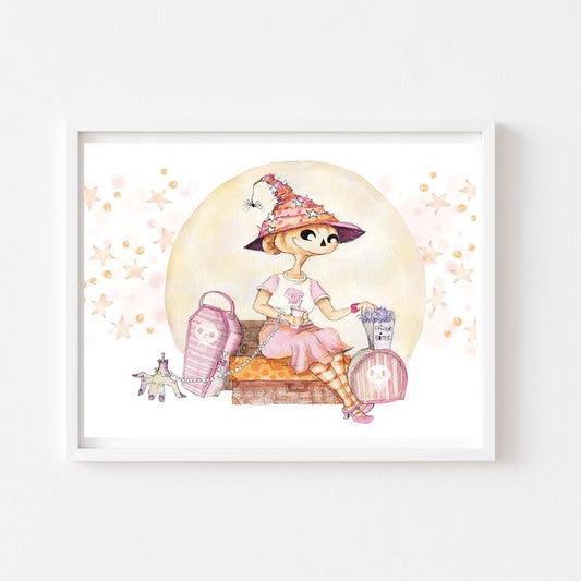 Hattie's Haunted Holiday Print, Spooky Art Decor, Witch Beach, Halloween Decor Witchy Friends, Summerween, pumpkin art