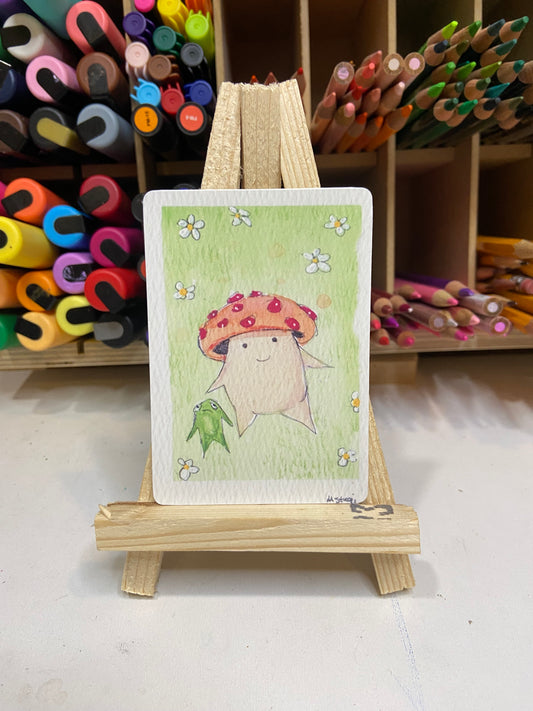 ACEO Limited Edition Print Watercolor Mushroom Painter Laying in Grass #2 2.5 x 3.5