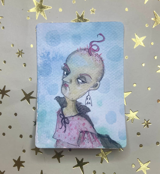 Sold- Artist Trading Card, Original Painting Baldora the Barely Haired Menopause Mayhem Collection, ACEO