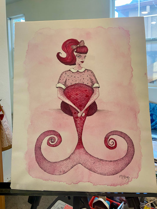 Spooky Special Sale - Halloween Special! Pink Mermaid Original Watercolor Halloween Art