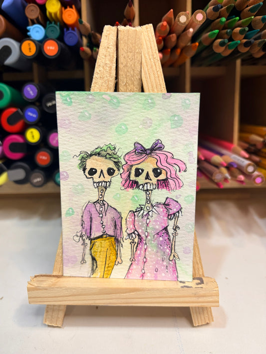 ACEO Limited Edition Print Watercolor Halloween Zombie Couple 2.5 x 3.5