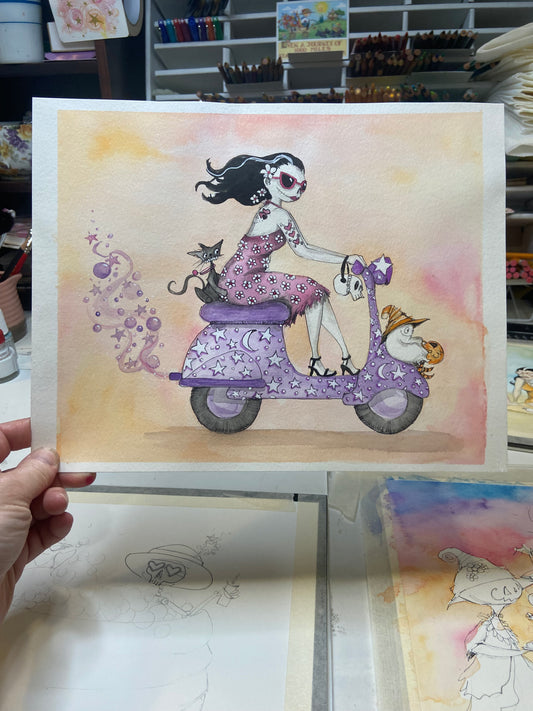 Boo Ride Watercolor Painting Hot Ghoul Summer, Spooky Halloween