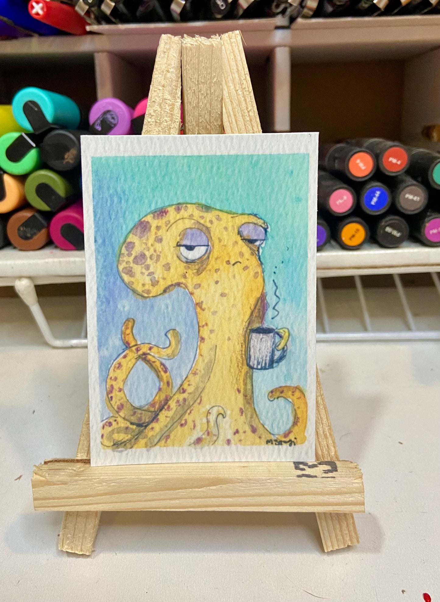 ACEO Limited Edition Print Watercolor Octopus Coffee 2.5 x 3.5