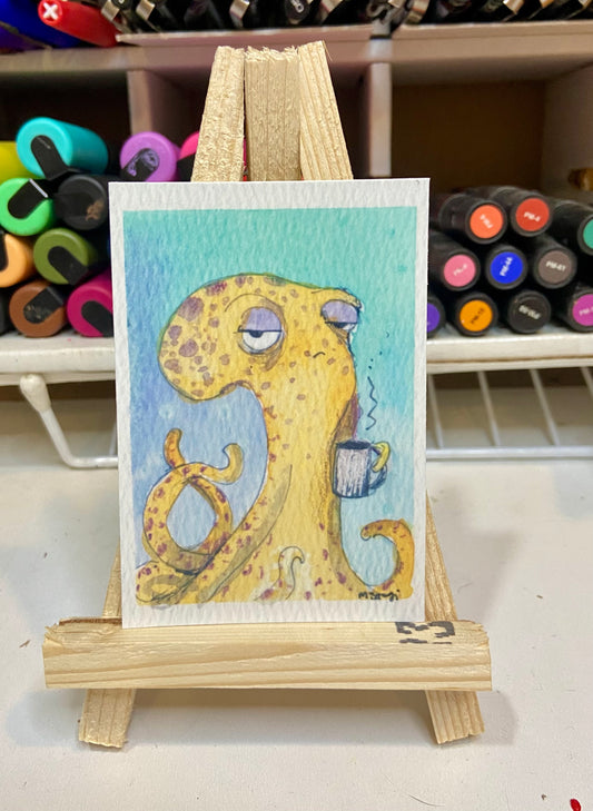 ACEO Limited Edition Print Watercolor Octopus Coffee 2.5 x 3.5