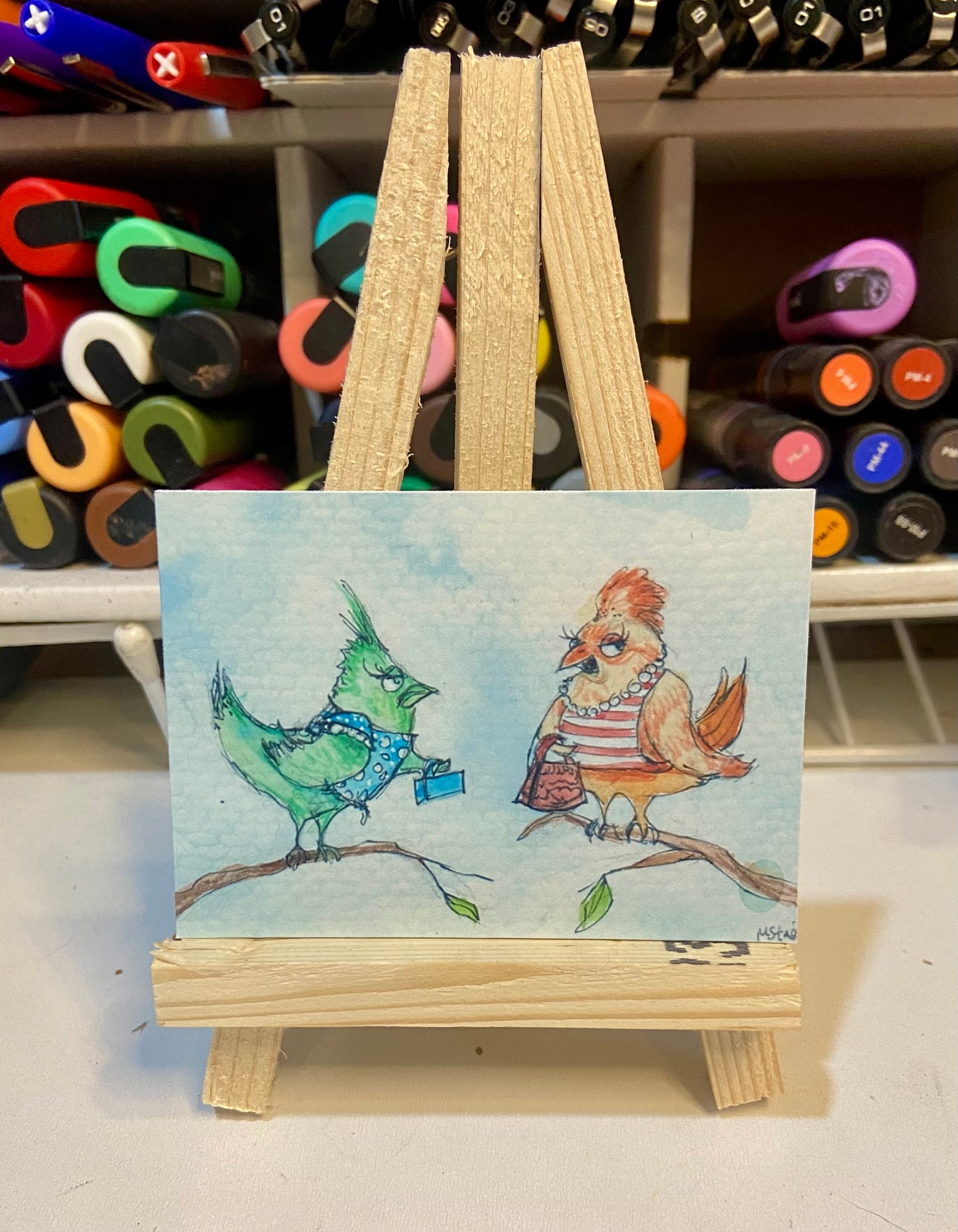 ACEO Limited Edition Print Watercolor Gossip Birds 2.5 x 3.5