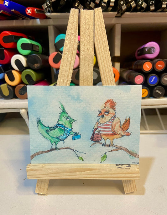 ACEO Limited Edition Print Watercolor Gossip Birds 2.5 x 3.5