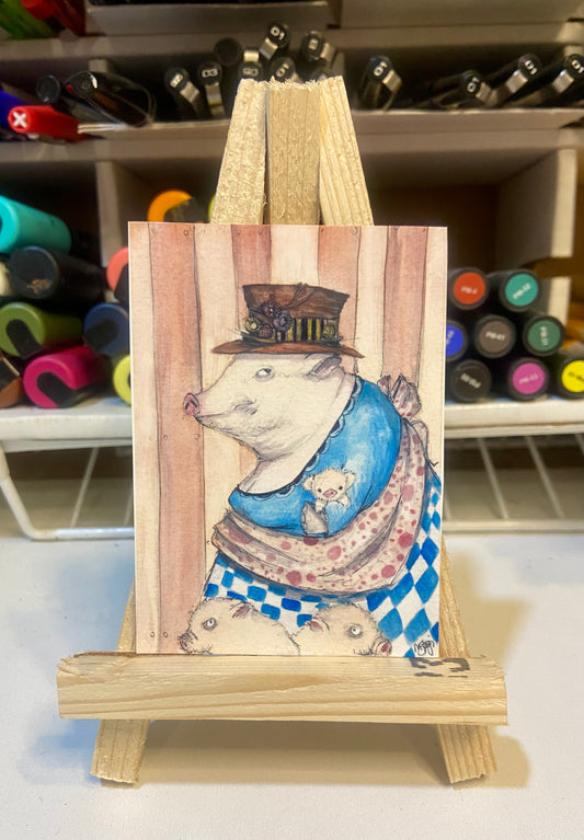 ACEO Limited Edition Print Watercolor Pig Mom 2.5 x 3.5