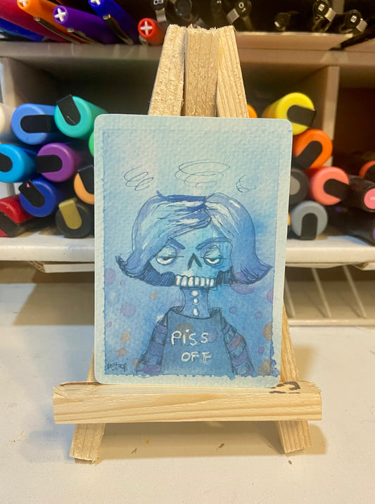 ACEO ORIGINAL WATERCOLOR PRINT, LIMITED EDITION, BETTY BITTERBONES, MENOPAUSE MAYHEM ART, ARTIST TRADING CARD