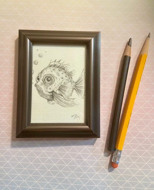 ORIGINAL Funny Fish pencil, wall art, den art, aquatic art, bright art, aquarium art. dramatic art, fish art