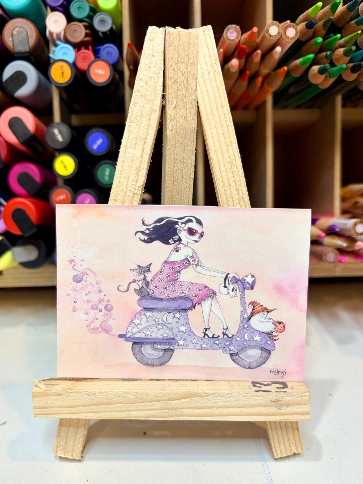 ACEO Limited Edition Print Watercolor Summerween Witch Ride 2.5 x 3.5