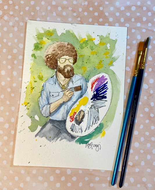 SOLD- ORIGINAL Bob Ross Fan Art Homage, Happy little accident, Artist Gift, home decor, watercolor art, bright art