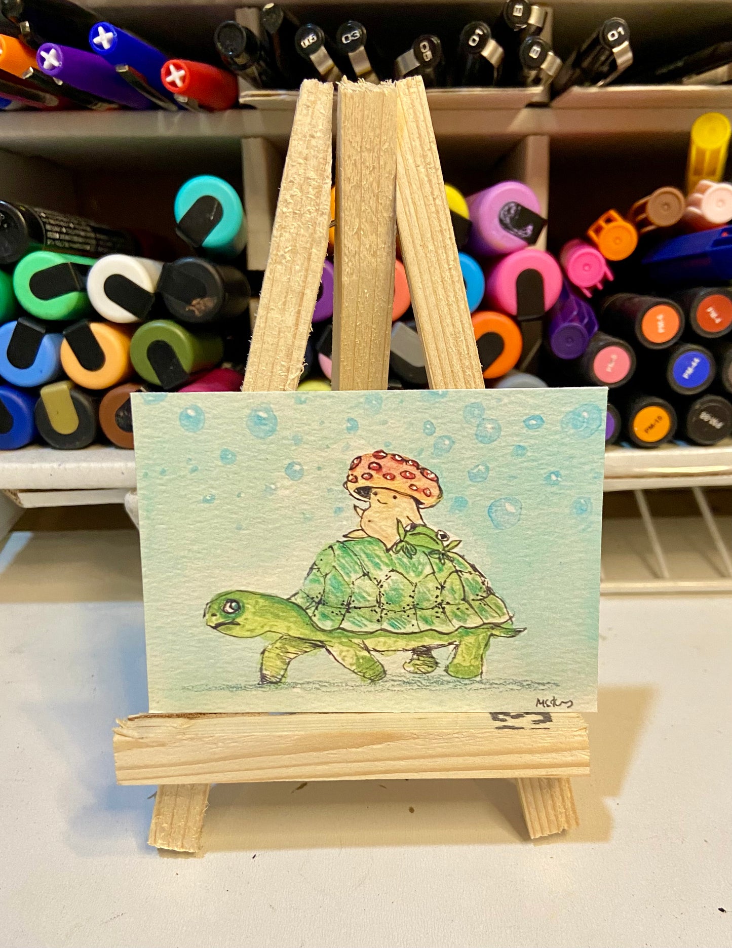ACEO Limited Edition Print Watercolor Mushroom Dude on Turtle 2.5 x 3.5