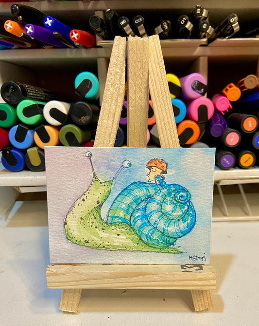 ACEO Limited Edition Print Watercolor Mushroom Dude on Snail 2.5 x 3.5