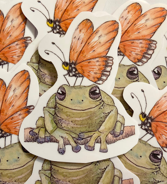 Froggy Butterfly Nature Sticker, Watercolor Art Sticker, Frog Sticker, Toad Sticker