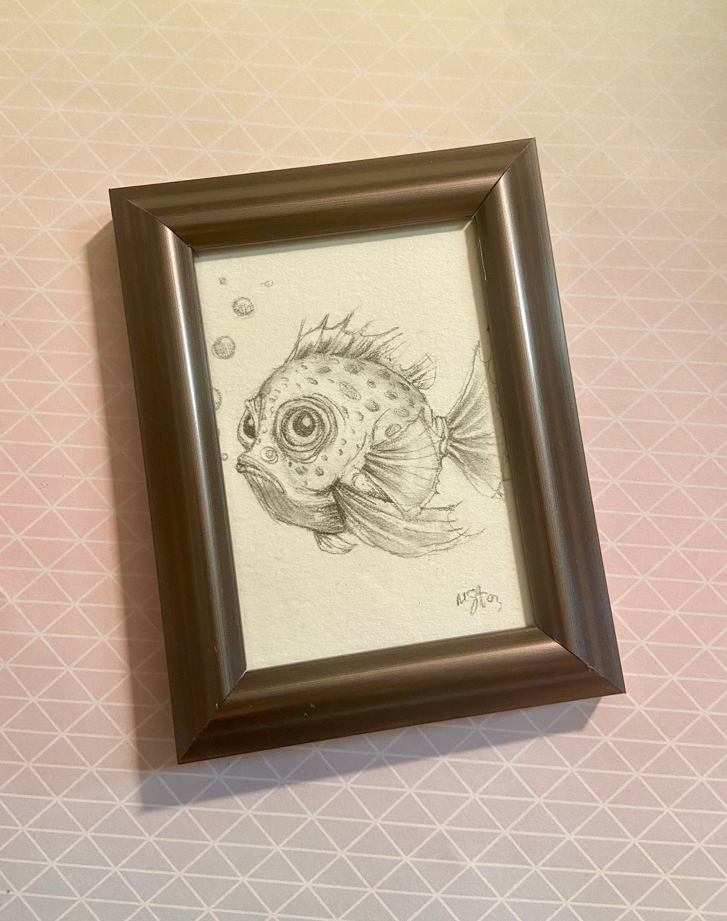 ORIGINAL Funny Fish pencil, wall art, den art, aquatic art, bright art, aquarium art. dramatic art, fish art