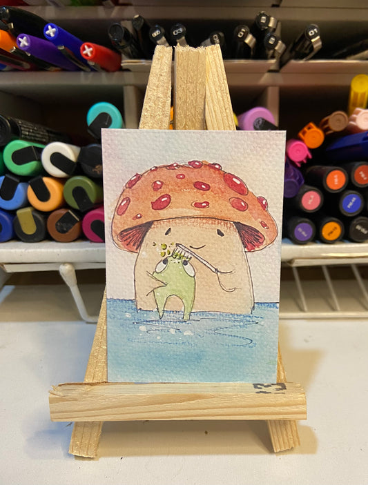 ACEO Limited Edition Print Watercolor Mushroom Frog Scrub Dude 2.5 x 3.5