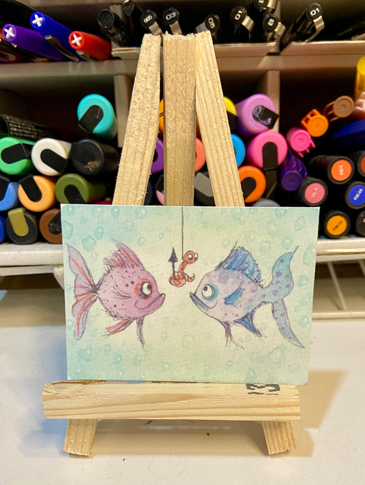 ACEO Limited Edition Print Watercolor FIsh Lunch 2.5 x 3.5