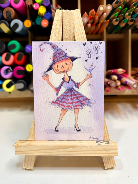 ACEO Limited Edition Print Watercolor Halloween Hattie’s Drinks 2.5 x 3.5