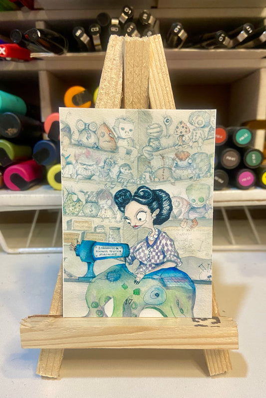ACEO Limited Edition Print Watercolor Evil Doll Maker, Sewing 2.5 x 3.5