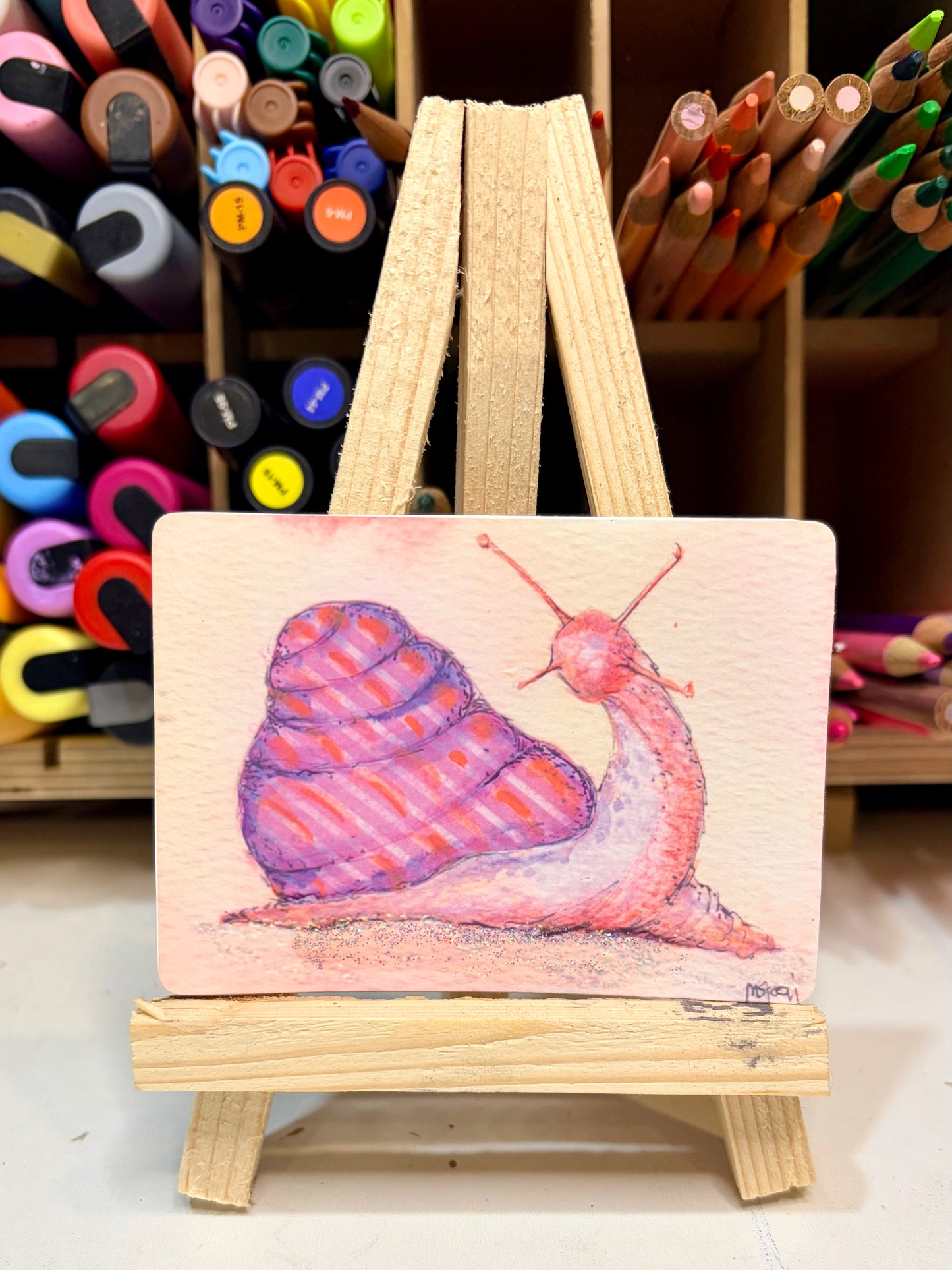 ACEO Limited Edition Print Watercolor Striped Snail 2.5 x 3.5