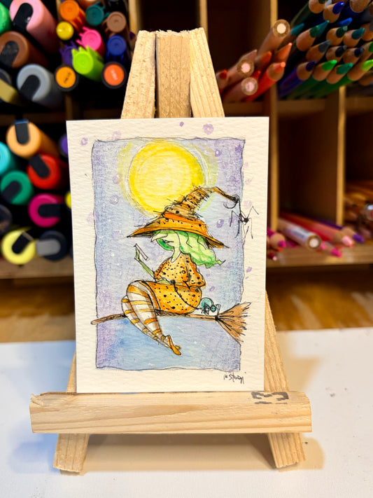 ACEO Limited Edition Print Watercolor Halloween Cell Phone Witch 2.5 x 3.5