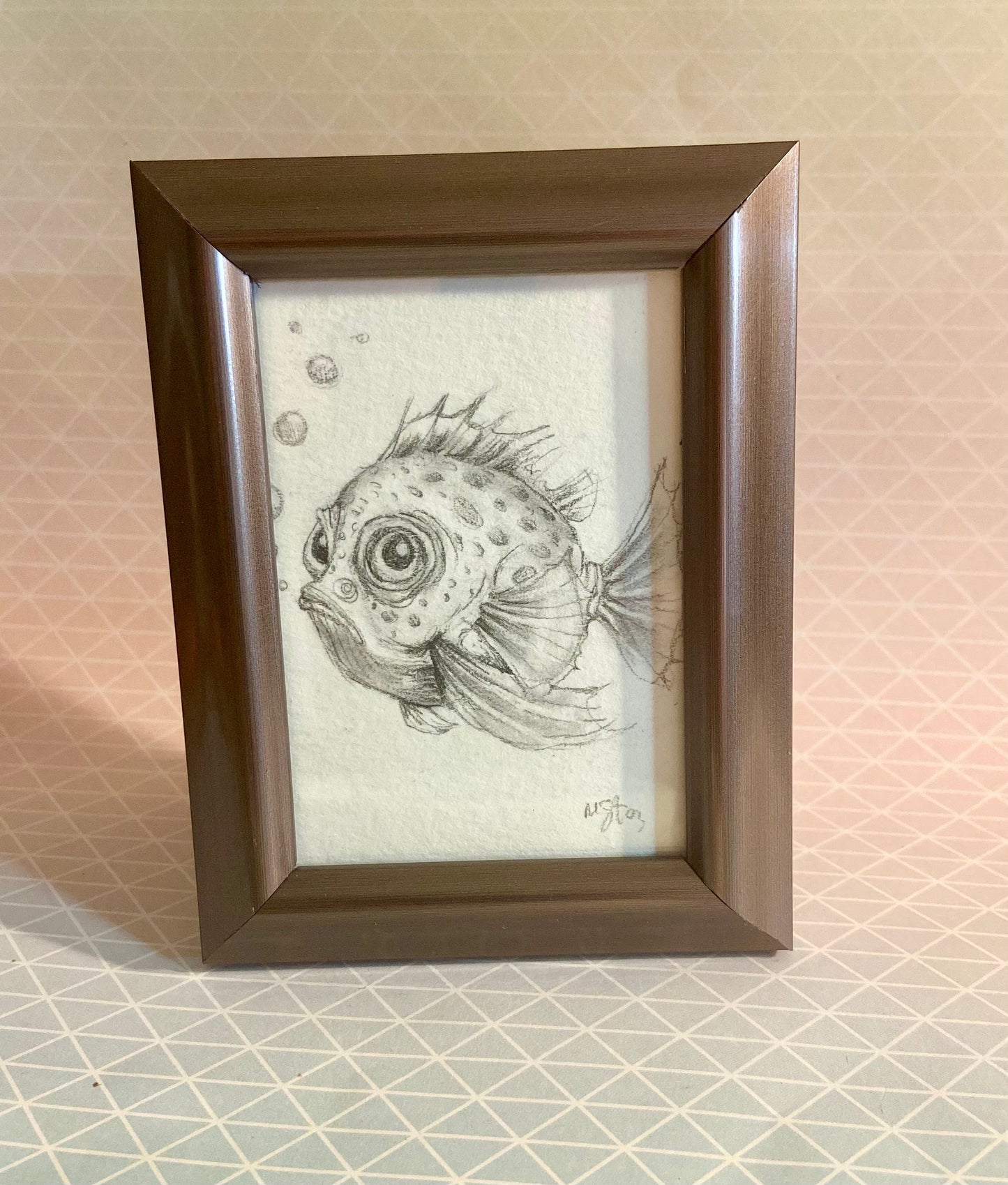 ORIGINAL Funny Fish pencil, wall art, den art, aquatic art, bright art, aquarium art. dramatic art, fish art