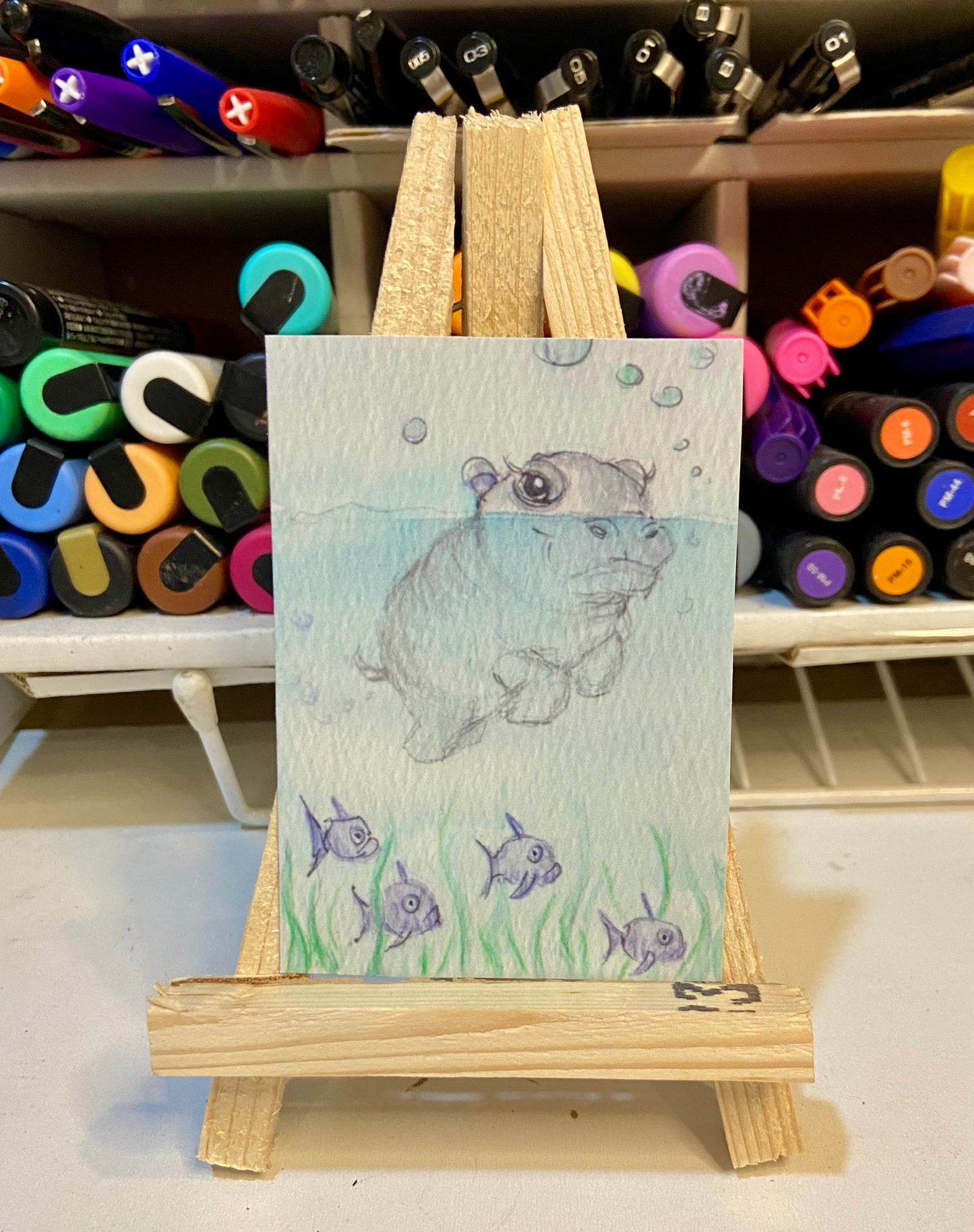ACEO Limited Edition Print Watercolor Hippo Fart 2.5 x 3.5