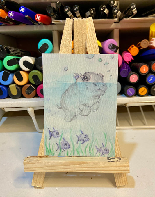 ACEO Limited Edition Print Watercolor Hippo Fart 2.5 x 3.5