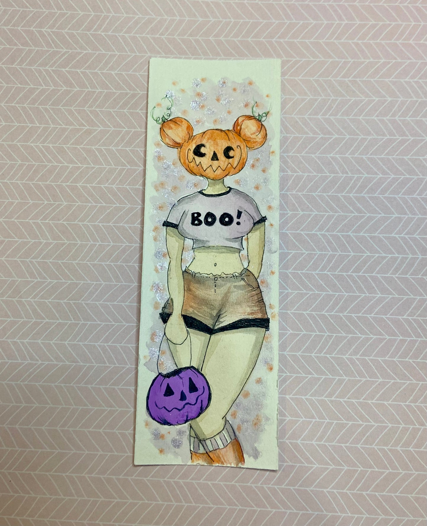 Hand painted Pumpkin Boo Girl Bookmark Whimsical Charm Book Lovers