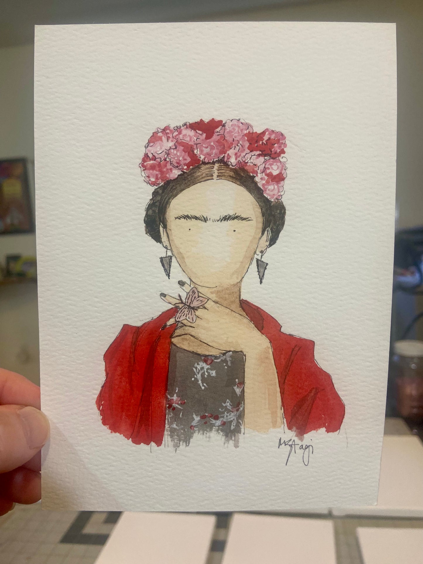 ORIGINAL Frida Kahlo Fan Art , watercolor painting Frida Kahlo wall art, Gift Frida Fan