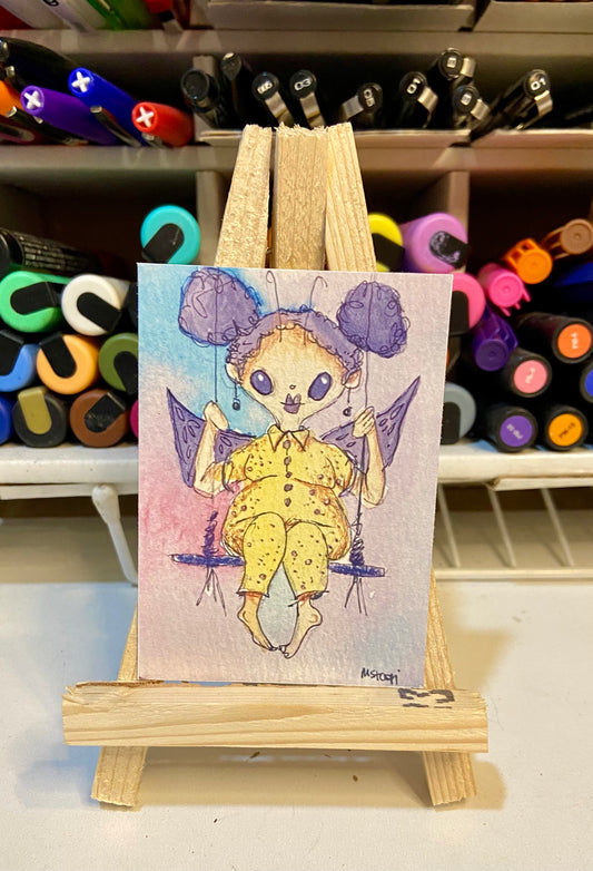 ACEO Limited Edition Print Watercolor Fairy Swing, Purple 2.5 x 3.5