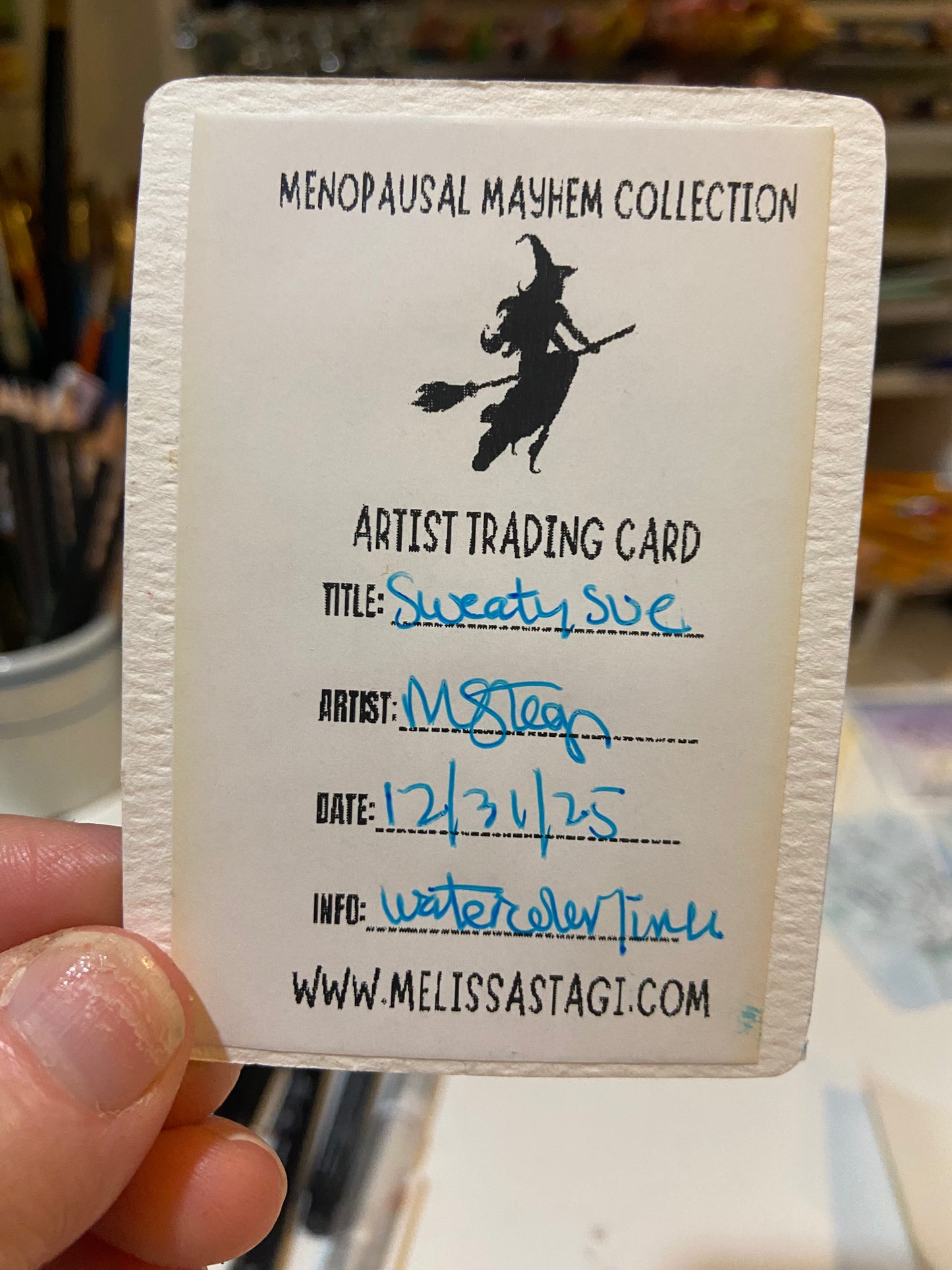 SOLD - Artist Trading Card, Original Painting Sweaty Sue Menopause Mayhem Collection, ACEO