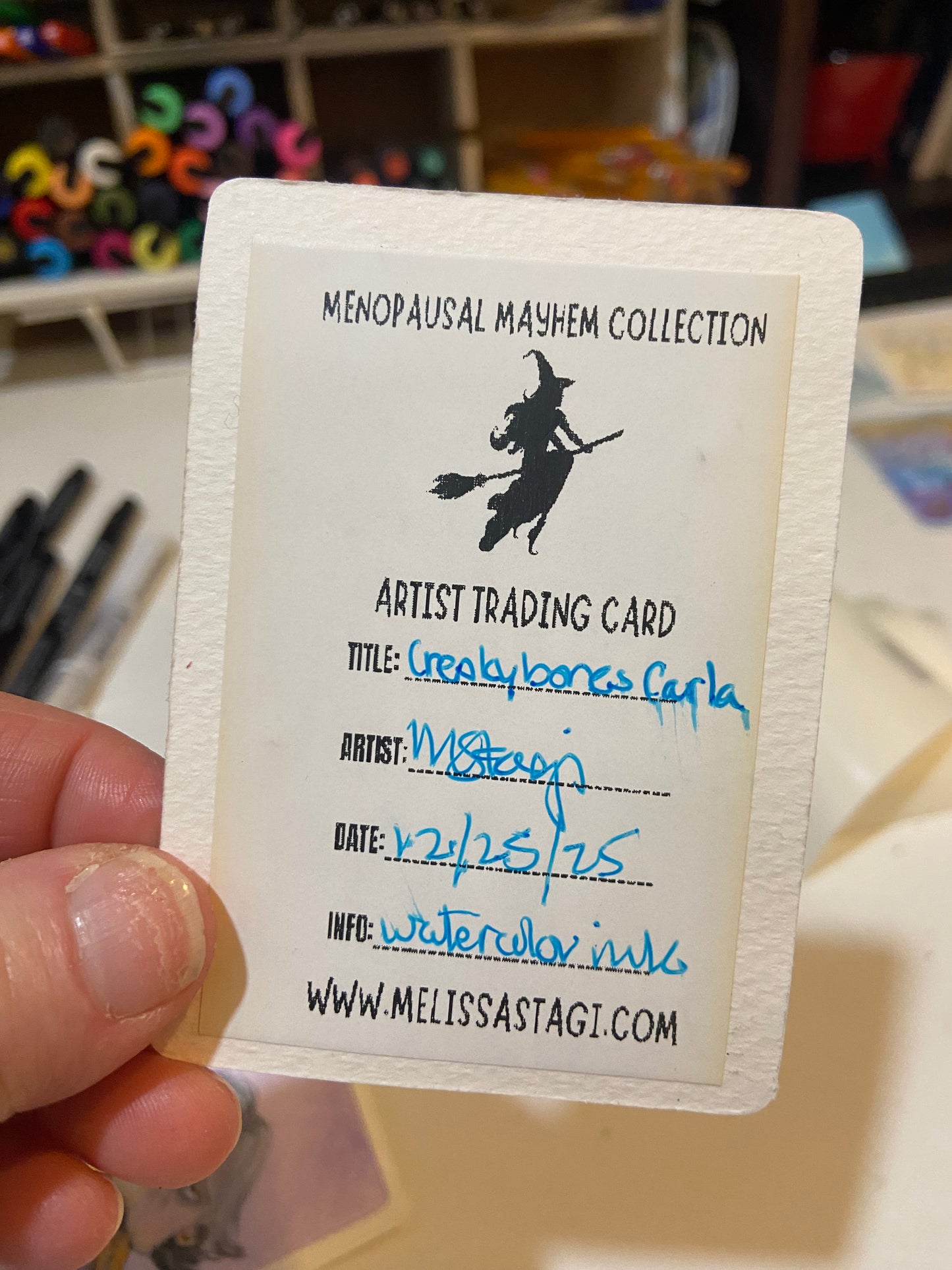 SOLD- Artist Trading Card, Original Painting Creakybones Carla Menopause Mayhem Collection, ACEO