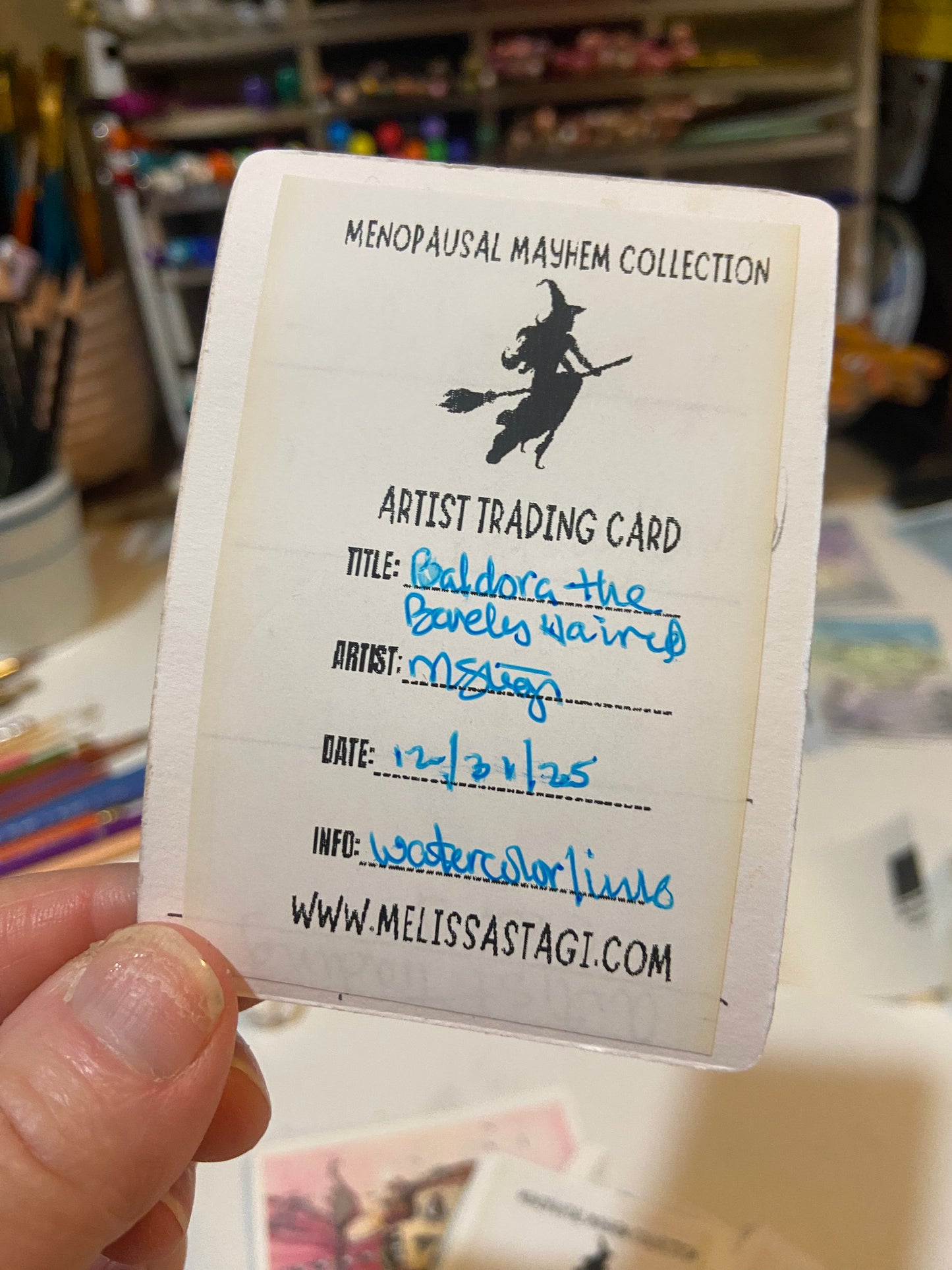 Sold- Artist Trading Card, Original Painting Baldora the Barely Haired Menopause Mayhem Collection, ACEO