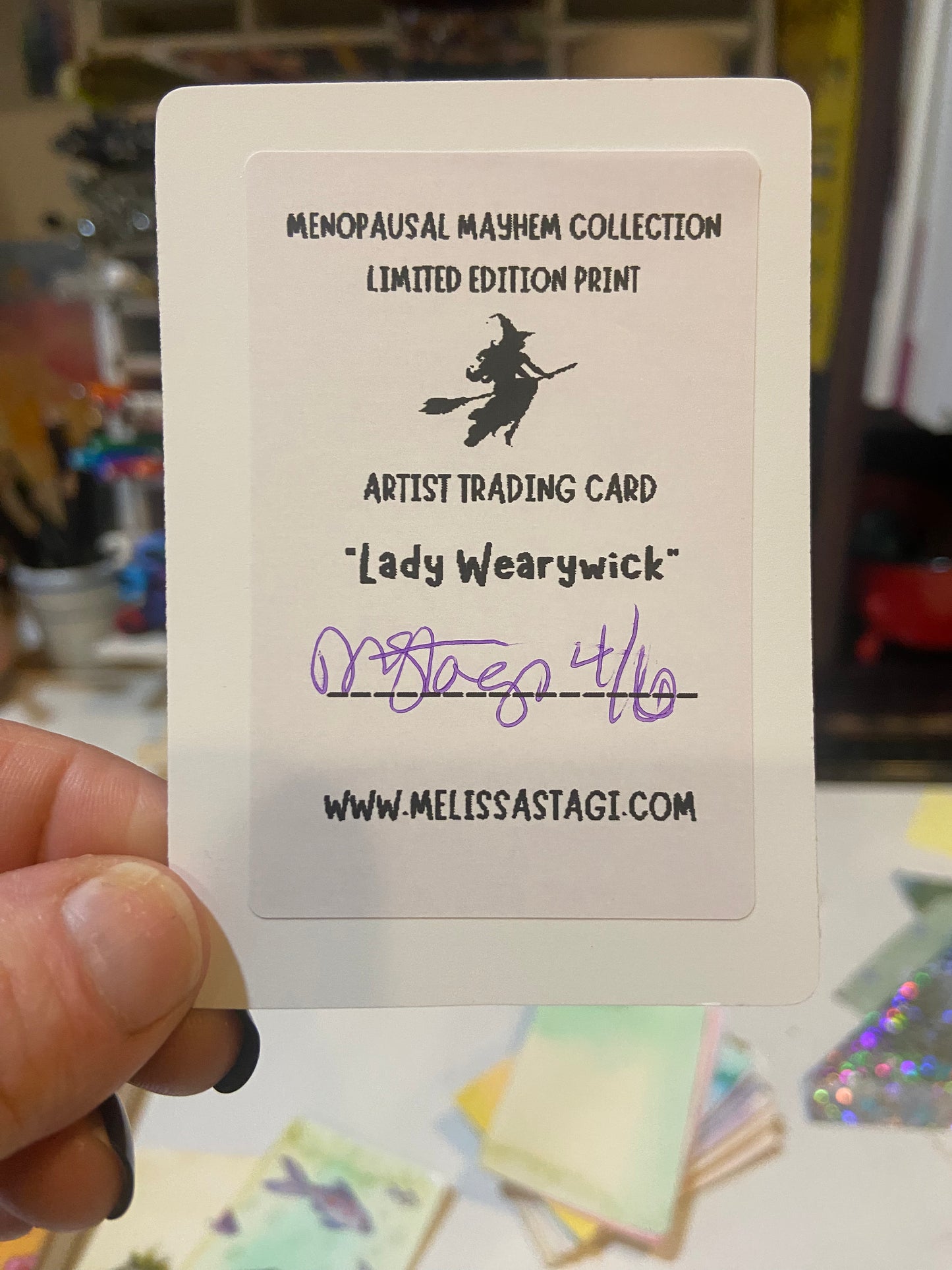 ACEO ORIGINAL WATERCOLOR PRINT LIMITED EDITION, LADY WEARYWICK MENOPAUSE MAYHEM ART, ARTIST TRADING CARD