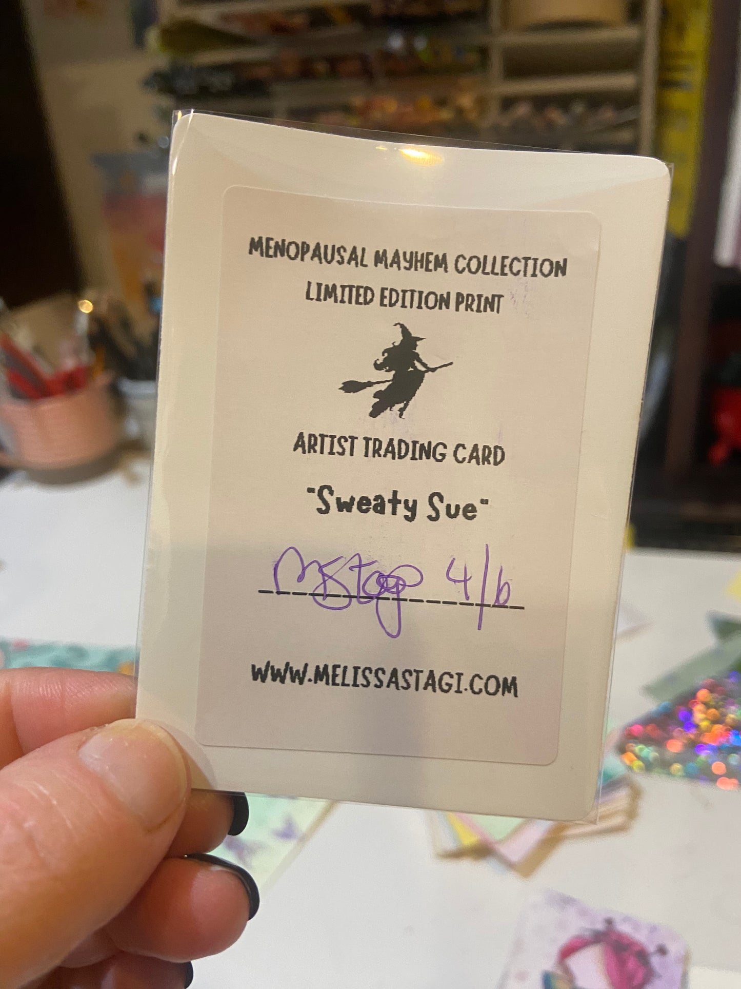 ACEO ORIGINAL WATERCOLOR PRINT, LIMITED EDITION, SWEATY SUE MENOPAUSE MAYHEM ART, ARTIST TRADING CARD