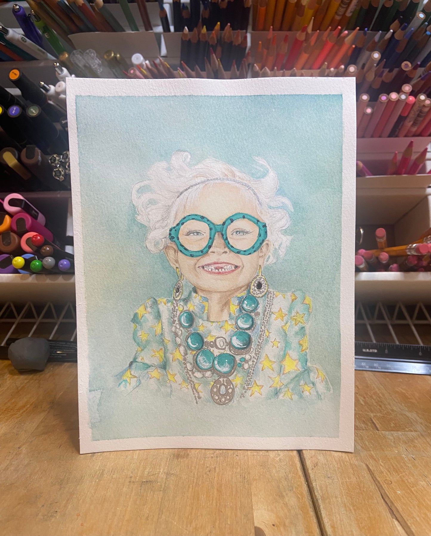 Whimsical Star Girl Portrait – White Blonde Hair & Glasses Cozy Bookish Watercolor Painting