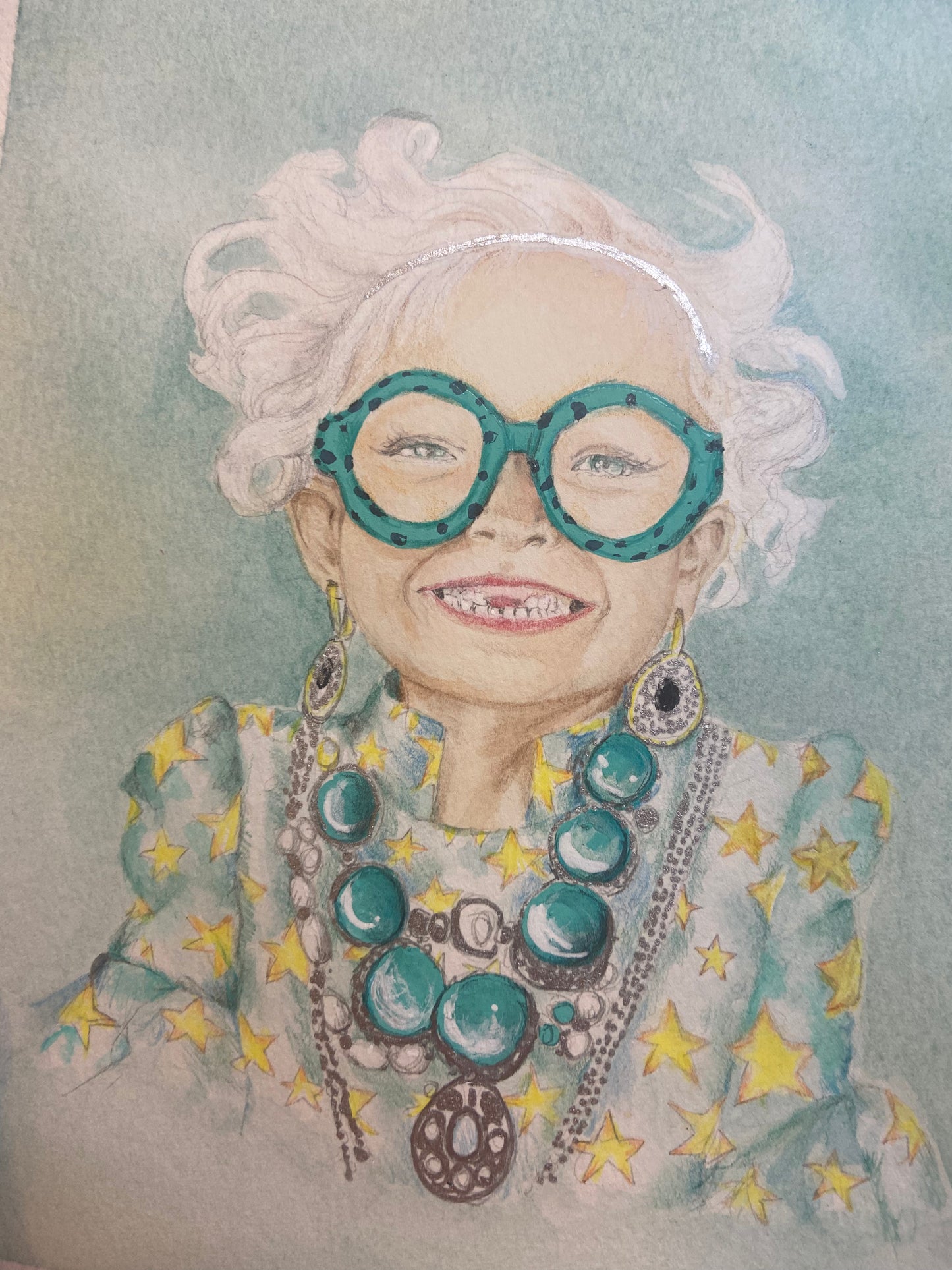Whimsical Star Girl Portrait – White Blonde Hair & Glasses Cozy Bookish Watercolor Painting