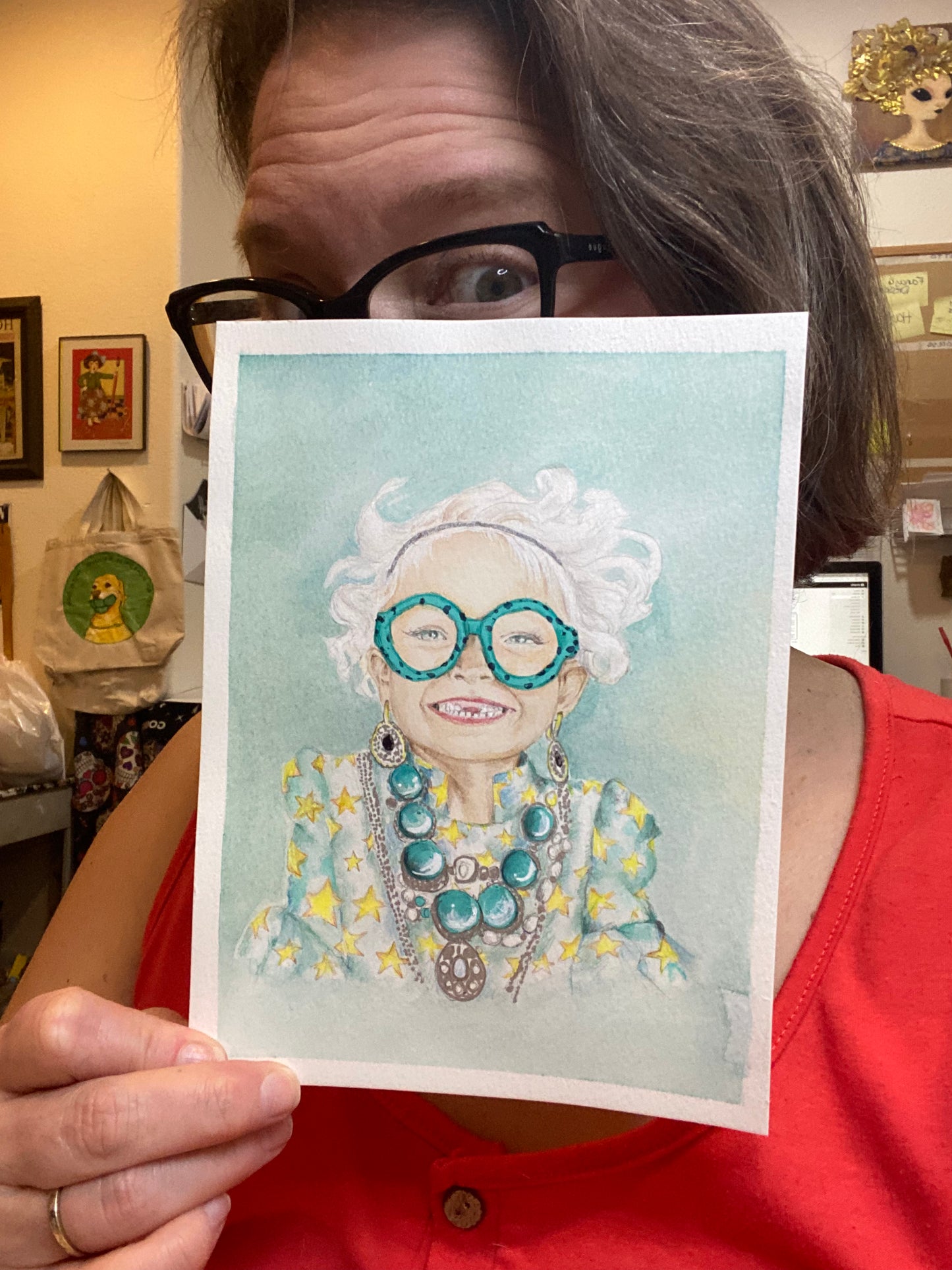 Whimsical Star Girl Portrait – White Blonde Hair & Glasses Cozy Bookish Watercolor Painting