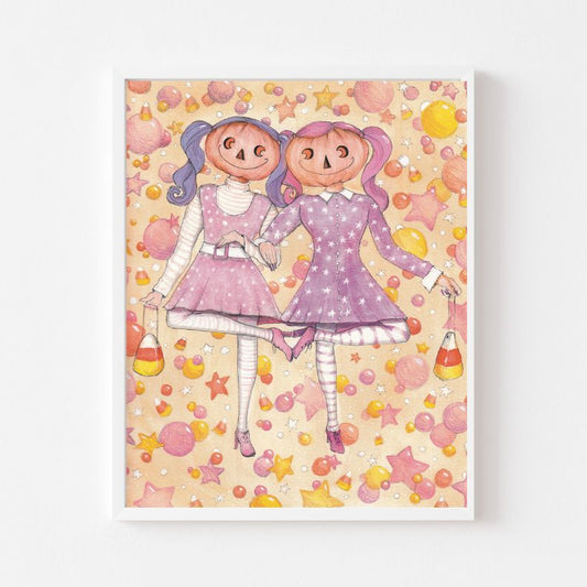 Pumpkin Girls Prints Spooky Art Decor, Halloween Decor Witchy Friends, Decor Vintage Halloween Painting Vintage Witch Wall Art